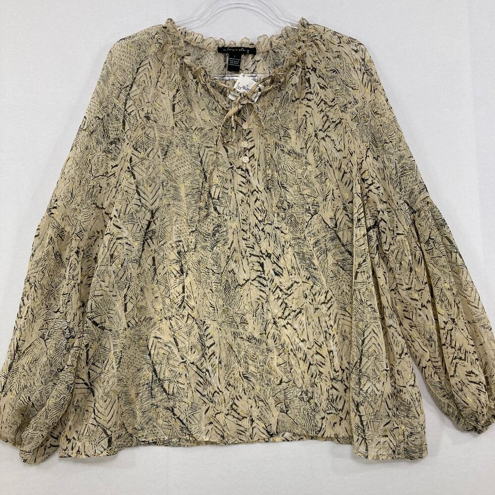 New A Love Story Large Abstract Semi Sheer‎ Ruffle Tie Front Long Sleeve Blouse